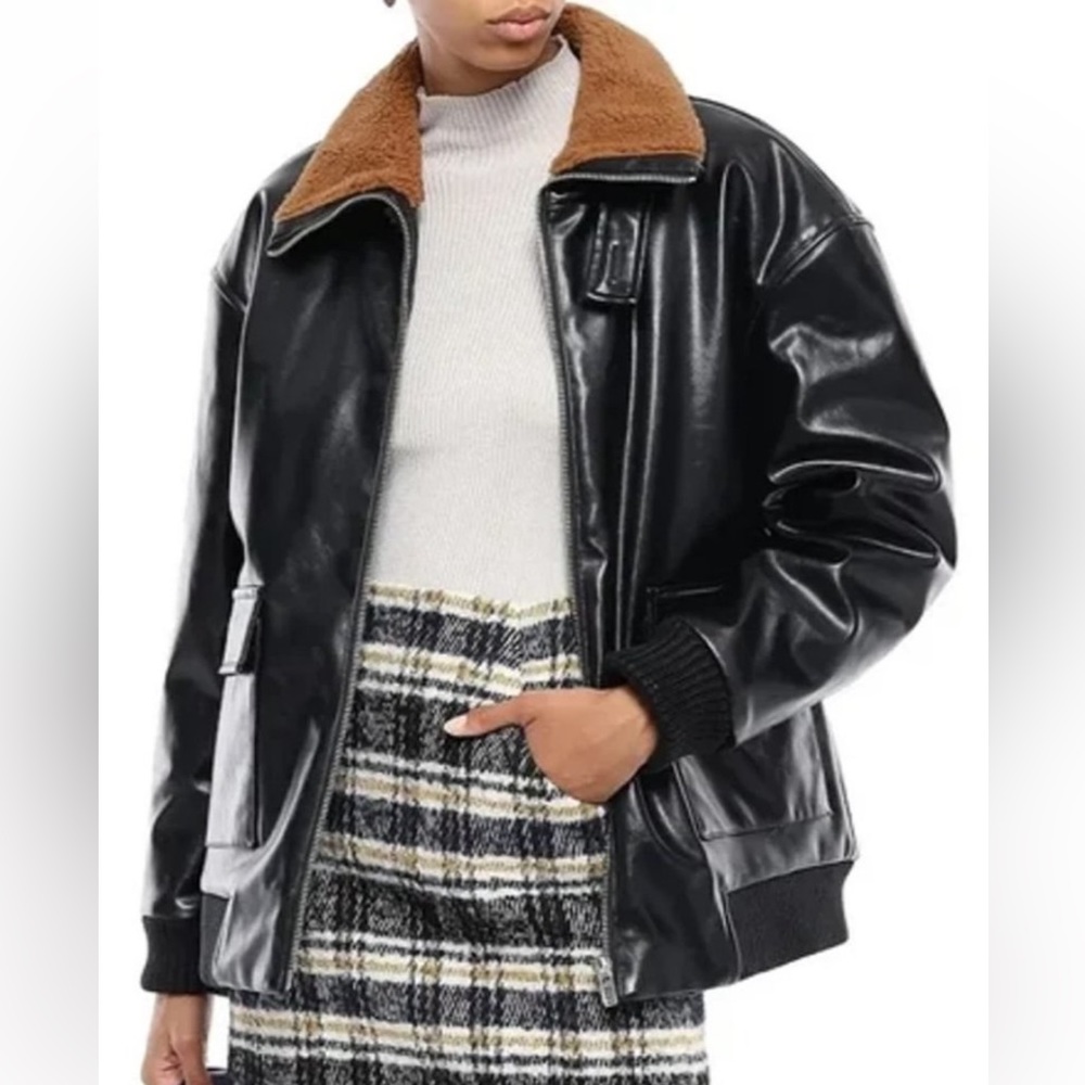 NWOT Maje Black Blouson Faux Leather Shearling Bomber Jacket, medium